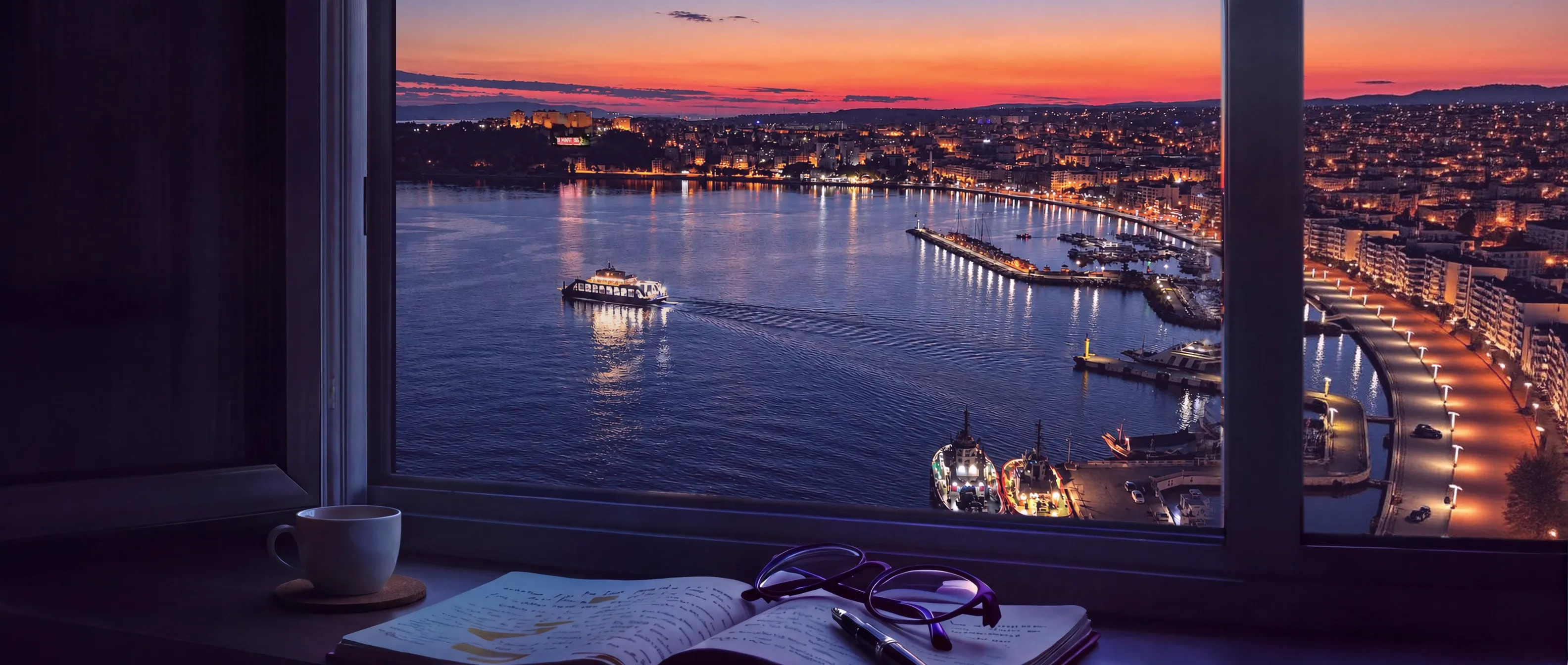 Karanlık bir odada büyük bir pencere: alacakaranlıkta Çanakkale, turuncu ufkun altında ışıkları yanan kent, liman ve suyun üstünden geçen aydınlatılmış bir feribot; pencere önündeki masada solda bir fincan kahve ve yanında sönük bir mumluk, el yazılı açık bir defter, dolma kalem ve gözlük.