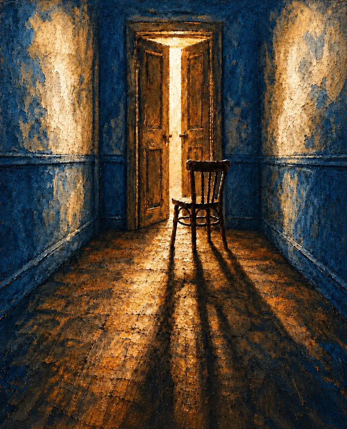Kitabın kapak fotoğrafının tamamı: koyu mavi duvarlı bir oda, ahşap zeminde uzayan gölgeler ve aralanmış kapıdan içeri dolan sıcak ışık.